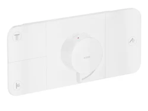 Weißes Thermostatmodul von AXOR zur Unterputzmontage mit einem Drehregler und Schaltflächen zur Steuerung von drei Verbrauchern.